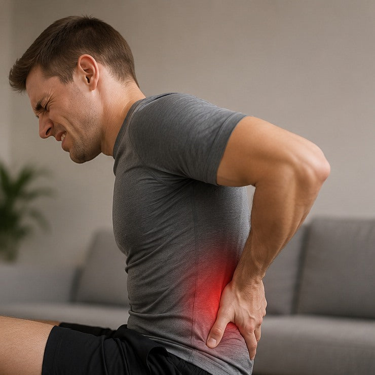 A man hunched over on the edge of a sofa, holding his lower back